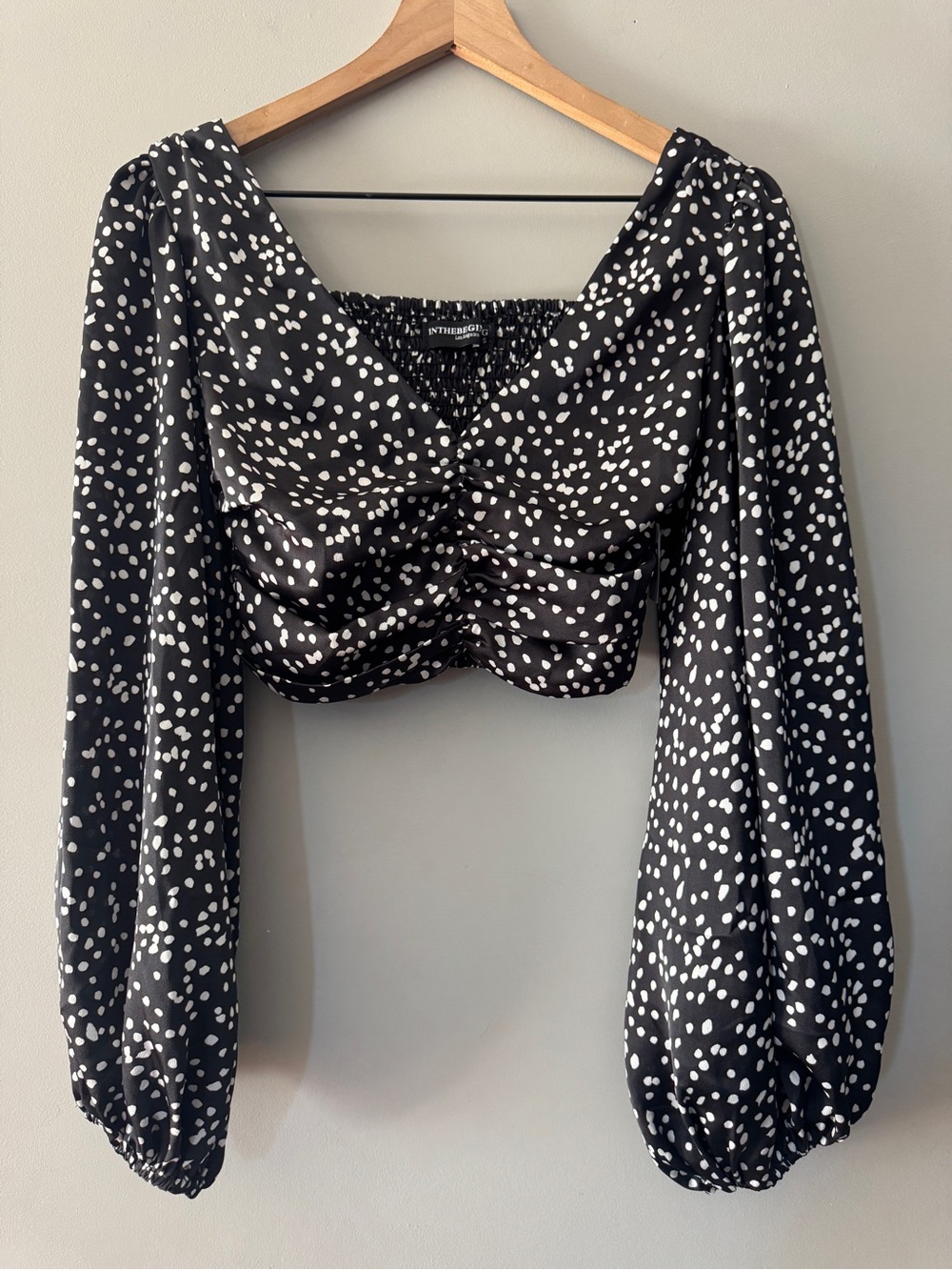 In The Beginning | Black & White Polka Dot Long Sleeve Crop Top | S